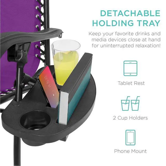 Alt view image 6 of 7 - Set of 2 Adjustable Steel Mesh Zero Gravity Lounge Chair Recliners w/Pillows and Cup Holder Trays - Amethyst Purple