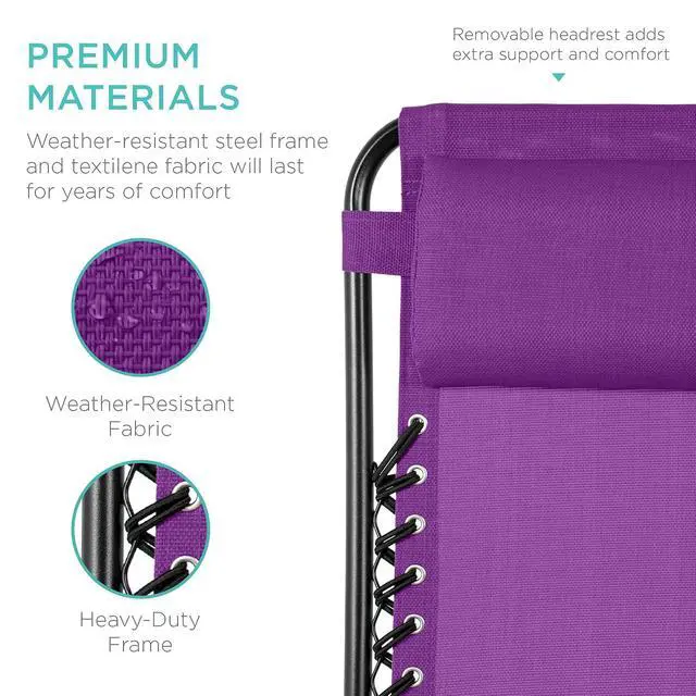 Alt view image 7 of 7 - Set of 2 Adjustable Steel Mesh Zero Gravity Lounge Chair Recliners w/Pillows and Cup Holder Trays - Amethyst Purple