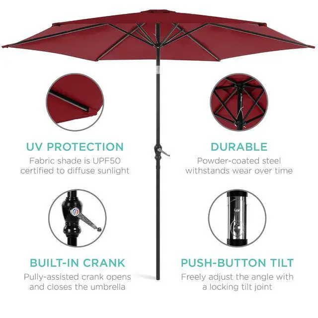 Alt view image 5 of 7 - 10ft Outdoor Patio Umbrella, Outdoor Table Umbrella, Yard Umbrella, Market Umbrella with 6 Sturdy Ribs, Push Button, Tilt and Crank - Red