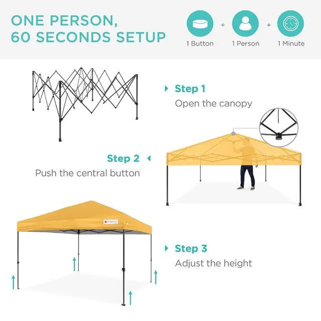 Alt view image 2 of 7 - 10x10ft Pop Up Canopy Tent, Outdoor Shade, 1 Person 1 Minute Set Up, Carry Case, 4 Weight Bags - Marigold
