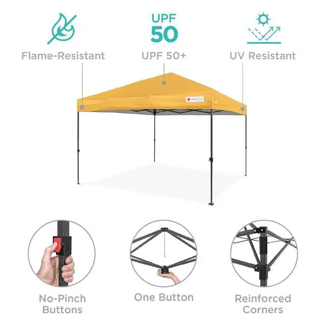Alt view image 4 of 7 - 10x10ft Pop Up Canopy Tent, Outdoor Shade, 1 Person 1 Minute Set Up, Carry Case, 4 Weight Bags - Marigold
