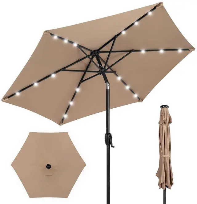 Main image of 7.5ft Solar Umbrella LED Lighted Patio Umbrella, Table Market Umbrella with Tilt and Crank, Outdoor Umbrella for Garden, Deck, Backyard, Pool and Beach - Tan