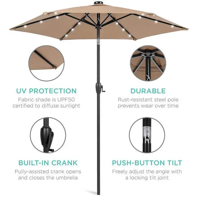 Alt view image 5 of 7 - 7.5ft Solar Umbrella LED Lighted Patio Umbrella, Table Market Umbrella with Tilt and Crank, Outdoor Umbrella for Garden, Deck, Backyard, Pool and Beach - Tan