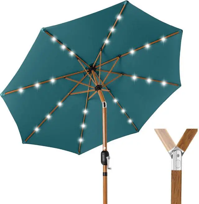 Main image of 10ft Solar Market Patio Umbrella w/Woodgrain Pattern Pole, LED Lights, Tilt & Crank - Outdoor Sun Shade for Backyard Table, Deck, Poolside - Cerulean