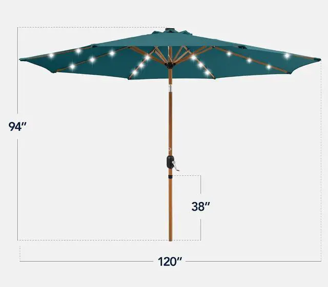 Alt view image 2 of 7 - 10ft Solar Market Patio Umbrella w/Woodgrain Pattern Pole, LED Lights, Tilt & Crank - Outdoor Sun Shade for Backyard Table, Deck, Poolside - Cerulean