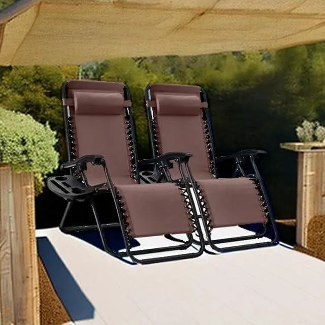 Alt view image 2 of 7 - Set of 2 Adjustable Steel Mesh Zero Gravity Lounge Chair Recliners w/Pillows and Cup Holder Trays - Brown