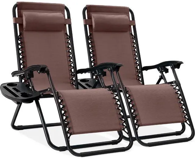Main image of Set of 2 Adjustable Steel Mesh Zero Gravity Lounge Chair Recliners w/Pillows and Cup Holder Trays - Brown