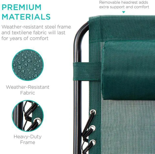 Alt view image 7 of 7 - Set of 2 Adjustable Steel Mesh Zero Gravity Lounge Chair Recliners w/Pillows and Cup Holder Trays - Forest Green