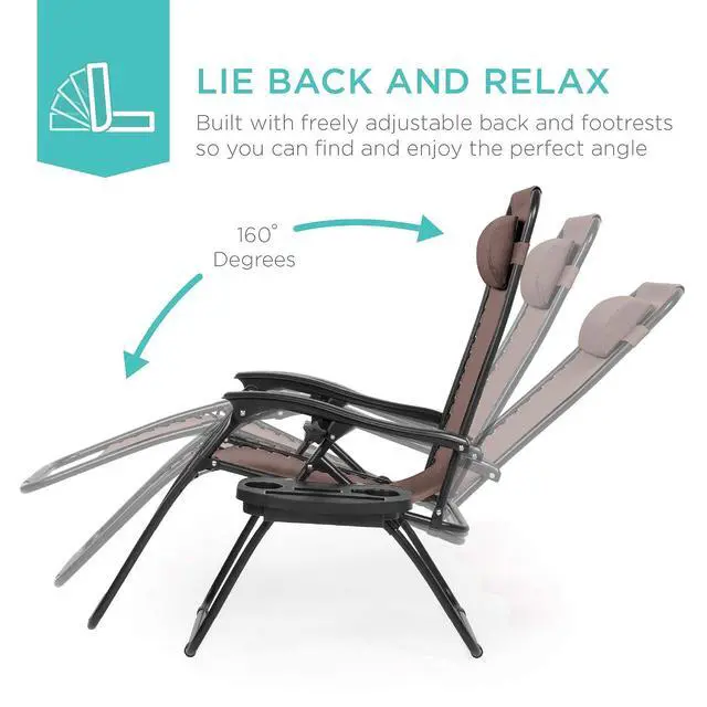 Alt view image 4 of 7 - Set of 2 Adjustable Steel Mesh Zero Gravity Lounge Chair Recliners w/Pillows and Cup Holder Trays - Brown