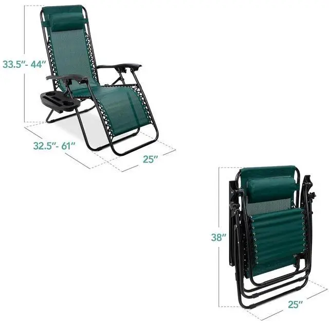 Alt view image 3 of 7 - Set of 2 Adjustable Steel Mesh Zero Gravity Lounge Chair Recliners w/Pillows and Cup Holder Trays - Forest Green