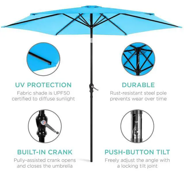 Alt view image 5 of 7 - 10ft Outdoor Patio Umbrella, Outdoor Table Umbrella, Yard Umbrella, Market Umbrella with 6 Sturdy Ribs, Push Button, Tilt and Crank - Sky Blue