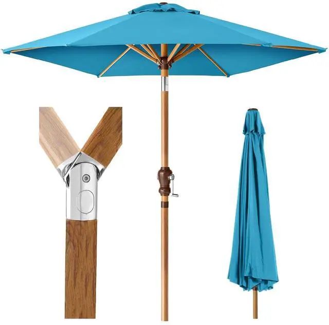 Main image of 10ft Market Umbrella, Outdoor Sun Shade for Backyard, Deck, Poolside, Table w/Woodgrain Pattern, Easy Tilt & Crank - Sky Blue