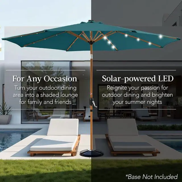 Alt view image 4 of 7 - 10ft Solar Market Patio Umbrella w/Woodgrain Pattern Pole, LED Lights, Tilt & Crank - Outdoor Sun Shade for Backyard Table, Deck, Poolside - Cerulean