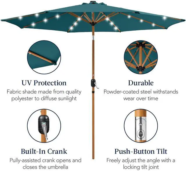 Alt view image 6 of 7 - 10ft Solar Market Patio Umbrella w/Woodgrain Pattern Pole, LED Lights, Tilt & Crank - Outdoor Sun Shade for Backyard Table, Deck, Poolside - Cerulean