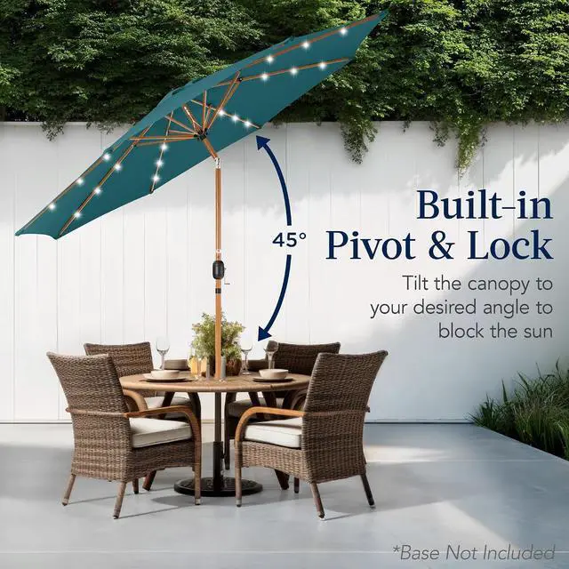 Alt view image 5 of 7 - 10ft Solar Market Patio Umbrella w/Woodgrain Pattern Pole, LED Lights, Tilt & Crank - Outdoor Sun Shade for Backyard Table, Deck, Poolside - Cerulean