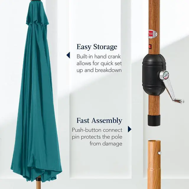 Alt view image 7 of 7 - 10ft Solar Market Patio Umbrella w/Woodgrain Pattern Pole, LED Lights, Tilt & Crank - Outdoor Sun Shade for Backyard Table, Deck, Poolside - Cerulean