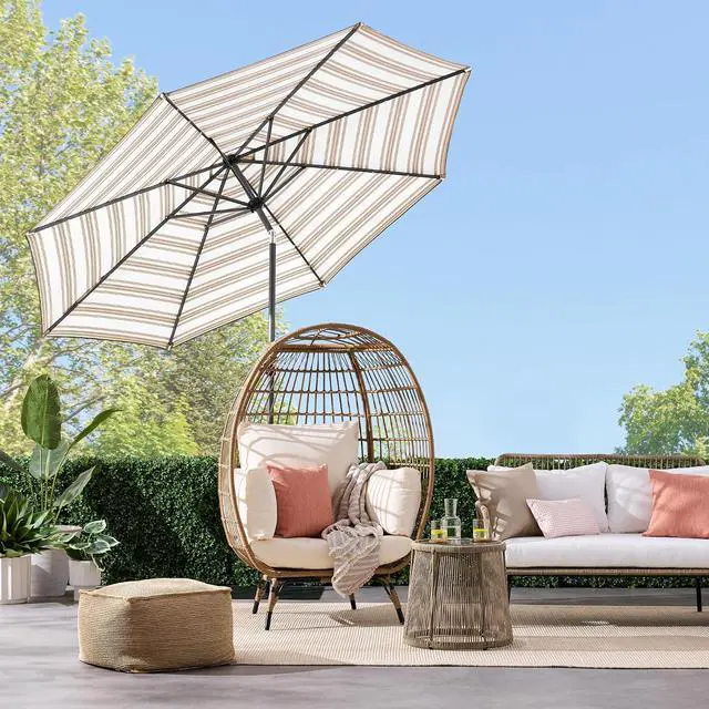 Alt view image 2 of 7 - 10ft Solar Polyester LED Lighted Patio Umbrella w/Tilt Adjustment and UV-Resistant Fabric - Striped Tan