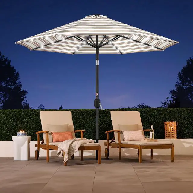 Alt view image 5 of 7 - 10ft Solar Polyester LED Lighted Patio Umbrella w/Tilt Adjustment and UV-Resistant Fabric - Striped Tan