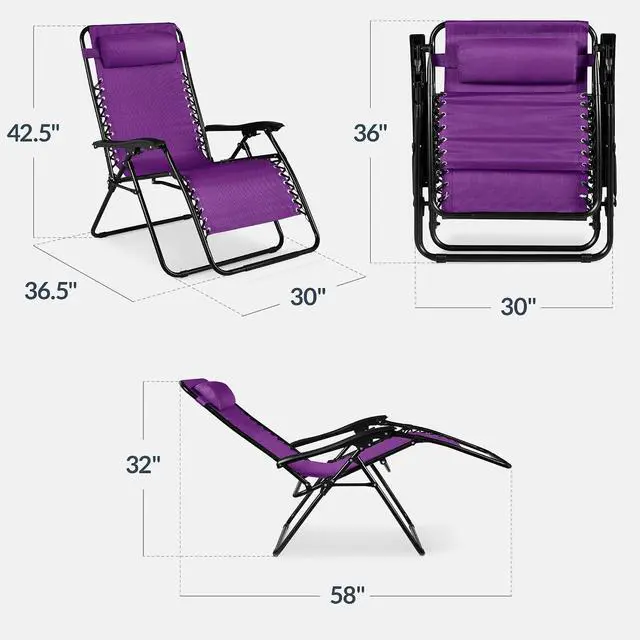 Alt view image 3 of 7 - Set of 2 Extra Wide Adjustable Steel Mesh Zero Gravity Lounge Chair Recliners w/Pillows and Cup Holder Trays - Amethyst Purple