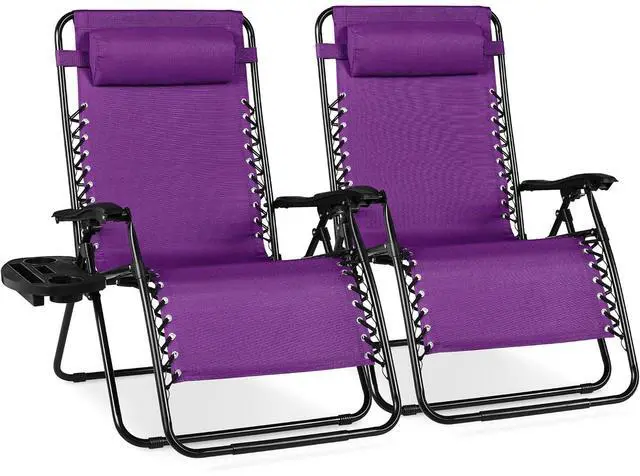 Main image of Set of 2 Extra Wide Adjustable Steel Mesh Zero Gravity Lounge Chair Recliners w/Pillows and Cup Holder Trays - Amethyst Purple