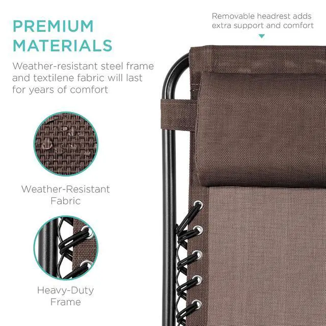 Alt view image 7 of 7 - Set of 2 Adjustable Steel Mesh Zero Gravity Lounge Chair Recliners w/Pillows and Cup Holder Trays - Brown