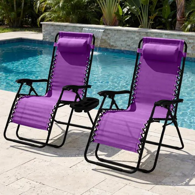 Alt view image 2 of 7 - Set of 2 Extra Wide Adjustable Steel Mesh Zero Gravity Lounge Chair Recliners w/Pillows and Cup Holder Trays - Amethyst Purple