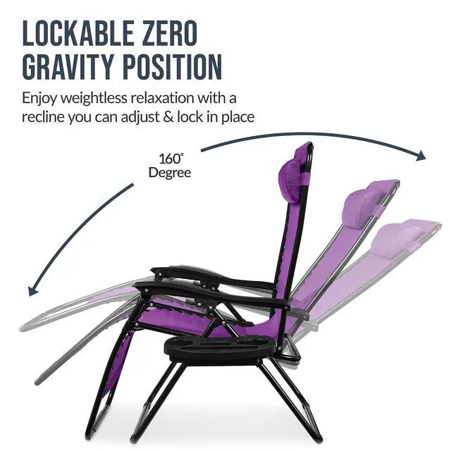 Alt view image 5 of 7 - Set of 2 Extra Wide Adjustable Steel Mesh Zero Gravity Lounge Chair Recliners w/Pillows and Cup Holder Trays - Amethyst Purple