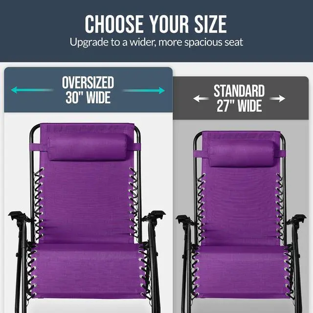 Alt view image 4 of 7 - Set of 2 Extra Wide Adjustable Steel Mesh Zero Gravity Lounge Chair Recliners w/Pillows and Cup Holder Trays - Amethyst Purple
