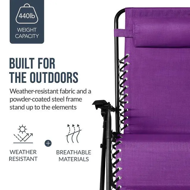 Alt view image 6 of 7 - Set of 2 Extra Wide Adjustable Steel Mesh Zero Gravity Lounge Chair Recliners w/Pillows and Cup Holder Trays - Amethyst Purple