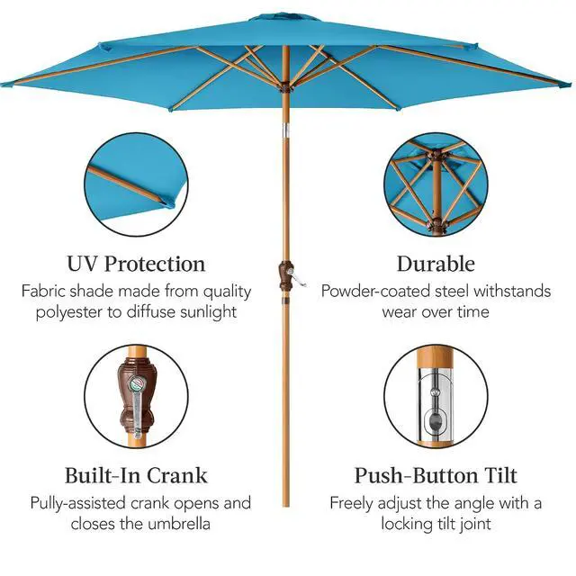Alt view image 6 of 7 - 10ft Market Umbrella, Outdoor Sun Shade for Backyard, Deck, Poolside, Table w/Woodgrain Pattern, Easy Tilt & Crank - Sky Blue