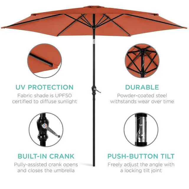 Alt view image 5 of 7 - 10ft Outdoor Patio Umbrella, Outdoor Table Umbrella, Yard Umbrella, Market Umbrella with 6 Sturdy Ribs, Push Button, Tilt and Crank - Rust