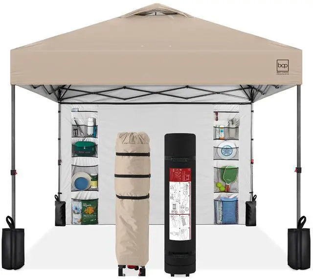 Main image of 10x10ft Pop Up Canopy Tent with Sidewall, 1 Person 1 Minute Set Up, Carry Case, 4 Weight Bags - Sand