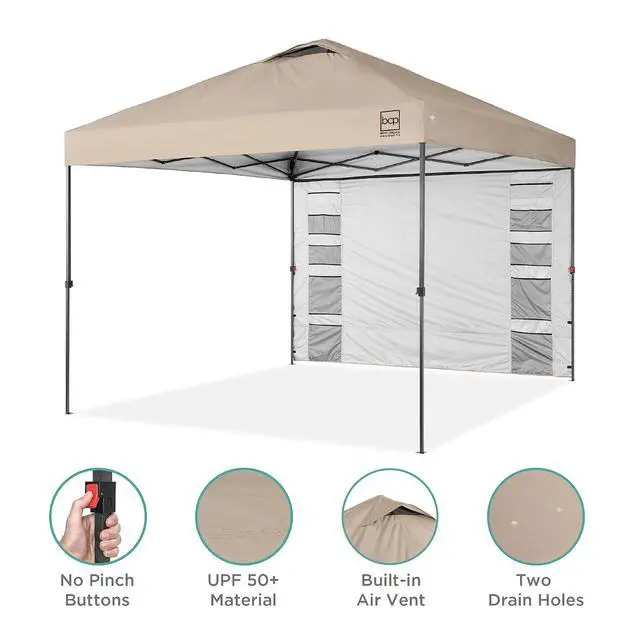 Alt view image 4 of 7 - 10x10ft Pop Up Canopy Tent with Sidewall, 1 Person 1 Minute Set Up, Carry Case, 4 Weight Bags - Sand