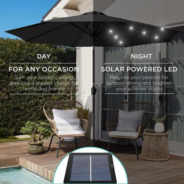 Alt view image 3 of 7 - 10ft Solar Polyester LED Lighted Patio Umbrella w/Tilt Adjustment and UV-Resistant Fabric - Black