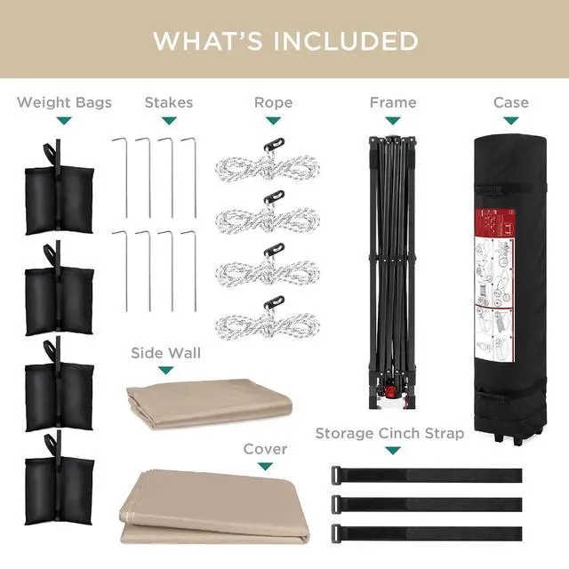 Alt view image 7 of 7 - 10x10ft Pop Up Canopy Tent with Sidewall, 1 Person 1 Minute Set Up, Carry Case, 4 Weight Bags - Sand