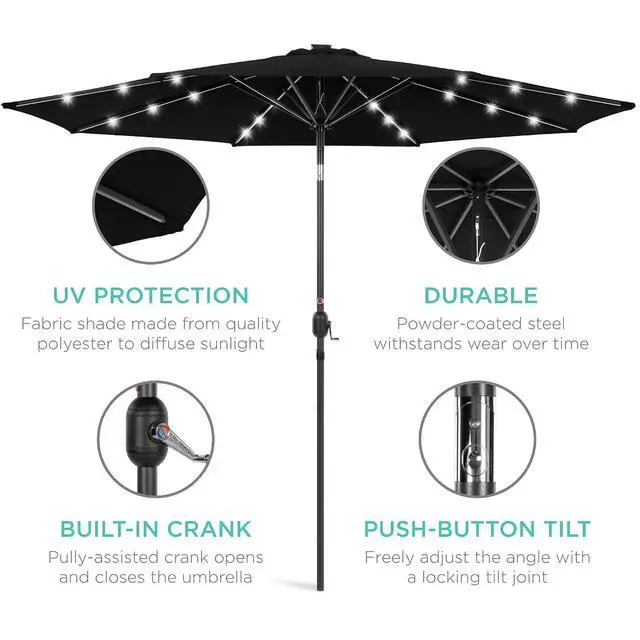 Alt view image 5 of 7 - 10ft Solar Polyester LED Lighted Patio Umbrella w/Tilt Adjustment and UV-Resistant Fabric - Black
