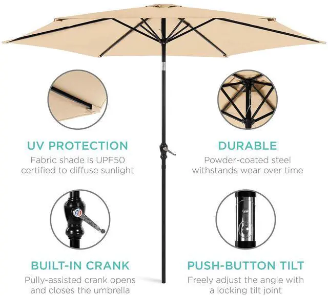 Alt view image 5 of 7 - 10ft Outdoor Patio Umbrella, Outdoor Table Umbrella, Yard Umbrella, Market Umbrella with 6 Sturdy Ribs, Push Button, Tilt and Crank - Sand