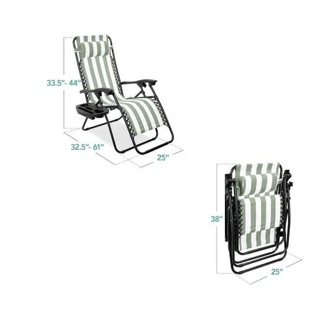 Alt view image 3 of 7 - Set of 2 Adjustable Steel Mesh Zero Gravity Lounge Chair Recliners w/Pillows and Cup Holder Trays - Sage Green Striped