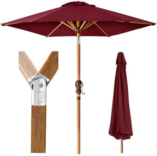 Main image of 10ft Market Umbrella, Outdoor Sun Shade for Backyard, Deck, Poolside, Table w/Woodgrain Pattern, Easy Tilt & Crank - Burgundy
