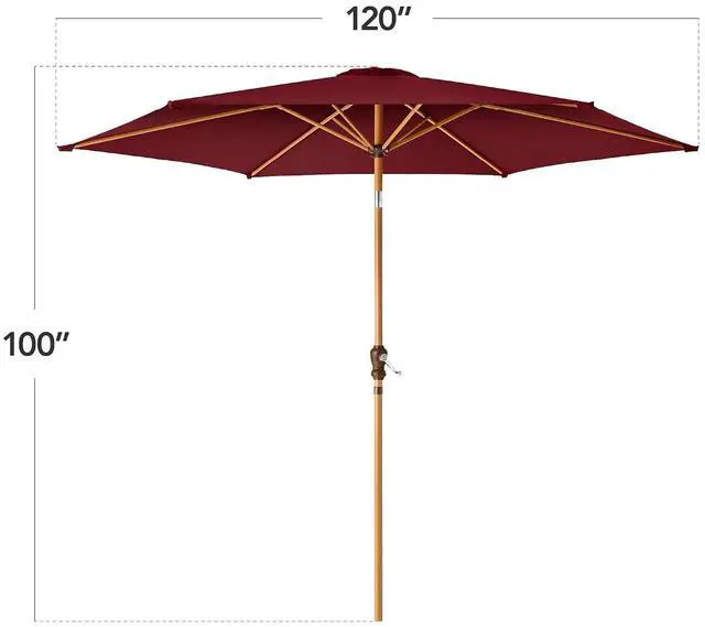 Alt view image 2 of 7 - 10ft Market Umbrella, Outdoor Sun Shade for Backyard, Deck, Poolside, Table w/Woodgrain Pattern, Easy Tilt & Crank - Burgundy
