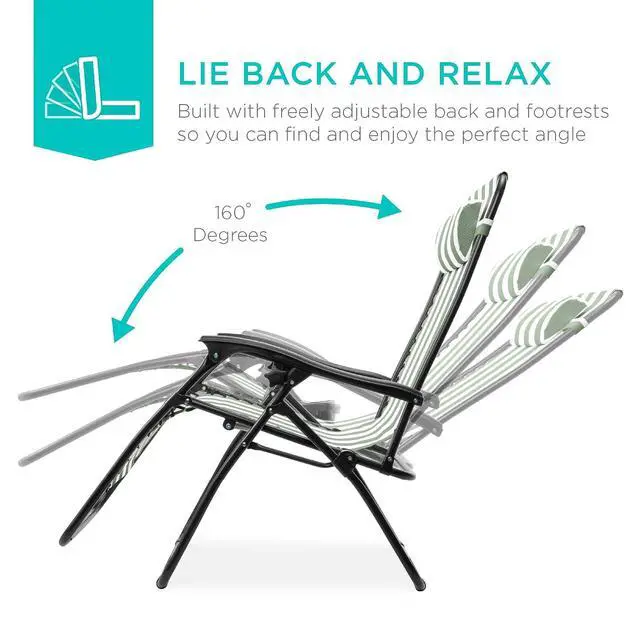 Alt view image 4 of 7 - Set of 2 Adjustable Steel Mesh Zero Gravity Lounge Chair Recliners w/Pillows and Cup Holder Trays - Sage Green Striped
