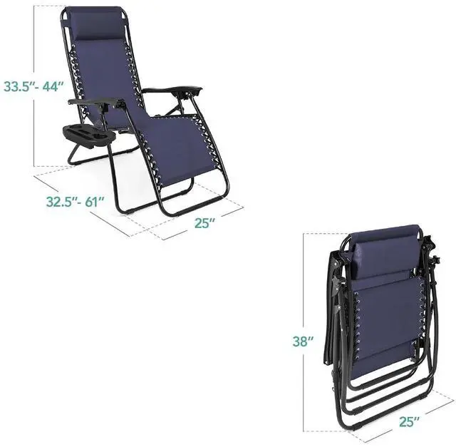 Alt view image 3 of 7 - Set of 2 Adjustable Steel Mesh Zero Gravity Lounge Chair Recliners w/Pillows and Cup Holder Trays - Navy Blue
