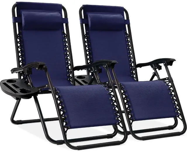 Main image of Set of 2 Adjustable Steel Mesh Zero Gravity Lounge Chair Recliners w/Pillows and Cup Holder Trays - Navy Blue