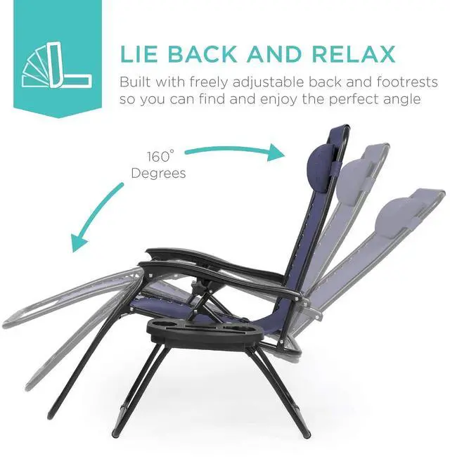 Alt view image 4 of 7 - Set of 2 Adjustable Steel Mesh Zero Gravity Lounge Chair Recliners w/Pillows and Cup Holder Trays - Navy Blue