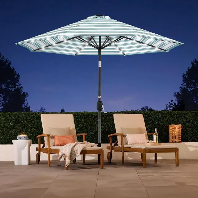 Alt view image 5 of 7 - 10ft Solar Polyester LED Lighted Patio Umbrella w/Tilt Adjustment and UV-Resistant Fabric - Striped Sky Blue