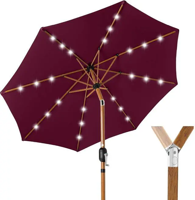 Main image of 10ft Solar Market Patio Umbrella w/Woodgrain Pattern Pole, LED Lights, Tilt & Crank - Outdoor Sun Shade for Backyard Table, Deck, Poolside - Burgundy