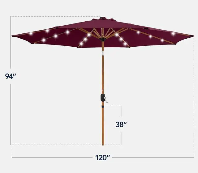 Alt view image 2 of 7 - 10ft Solar Market Patio Umbrella w/Woodgrain Pattern Pole, LED Lights, Tilt & Crank - Outdoor Sun Shade for Backyard Table, Deck, Poolside - Burgundy