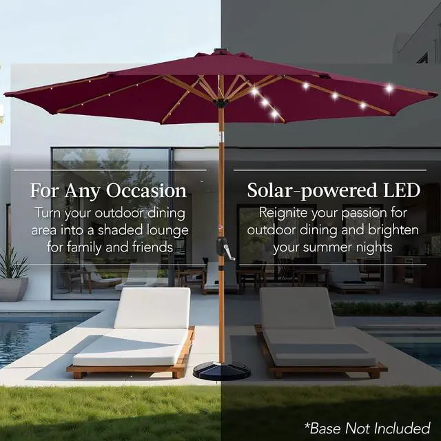 Alt view image 4 of 7 - 10ft Solar Market Patio Umbrella w/Woodgrain Pattern Pole, LED Lights, Tilt & Crank - Outdoor Sun Shade for Backyard Table, Deck, Poolside - Burgundy