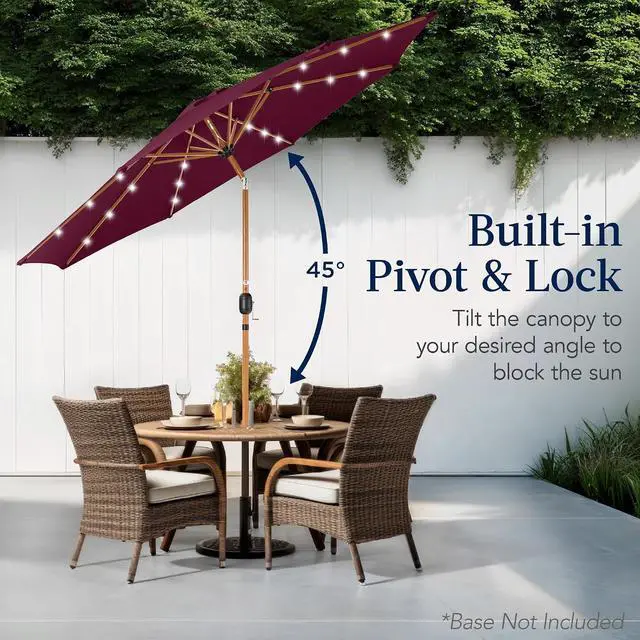 Alt view image 5 of 7 - 10ft Solar Market Patio Umbrella w/Woodgrain Pattern Pole, LED Lights, Tilt & Crank - Outdoor Sun Shade for Backyard Table, Deck, Poolside - Burgundy