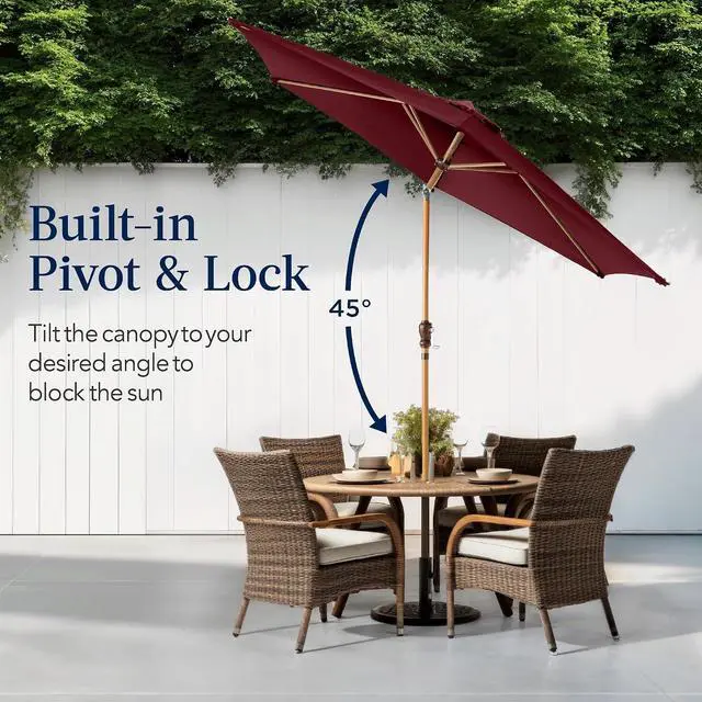 Alt view image 4 of 7 - 10ft Market Umbrella, Outdoor Sun Shade for Backyard, Deck, Poolside, Table w/Woodgrain Pattern, Easy Tilt & Crank - Burgundy
